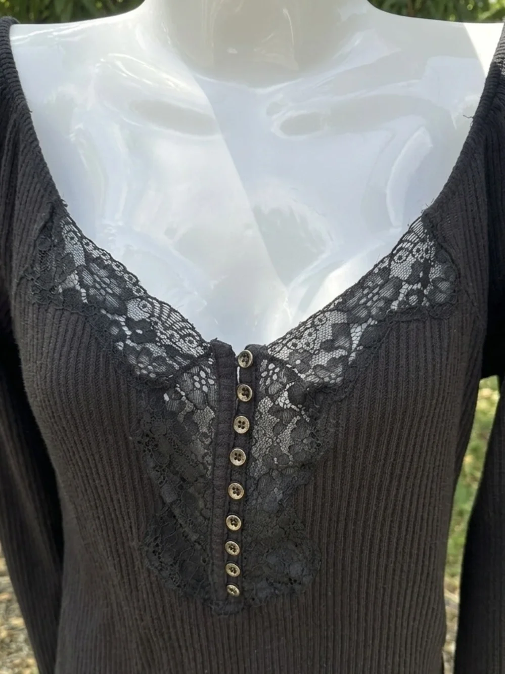 Free People To the West Black Lace Button Henley Ribbed Stretch Long Sleeve Top